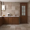 Traditional Kitchen Interior With Dark Brown Wooden Cabinets Beige Stone Walls And Light Countertop