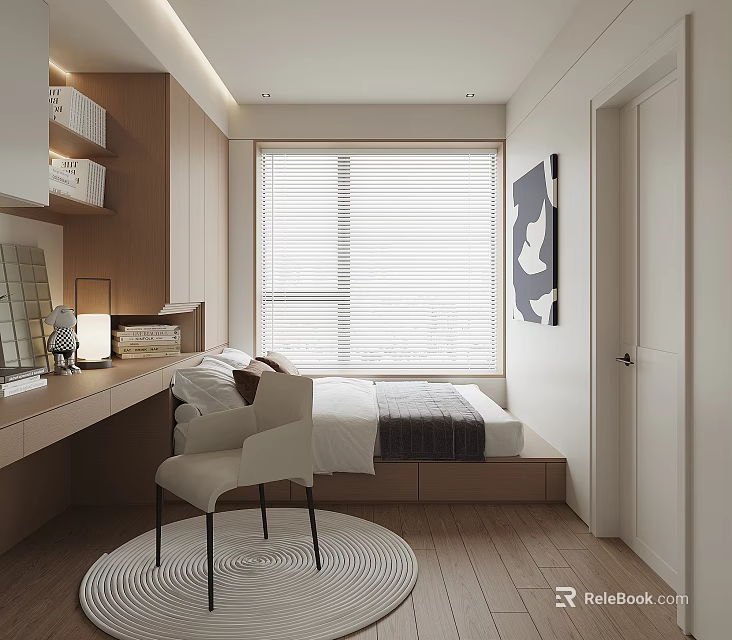 Modern Tatami Bedroom Interior With Platform Bed Desk Chair And Natural Light 3d model 