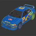 Blue Subaru Race Car Model With Number 186 Yellow Stripes Rear Spoiler And Racing Decals