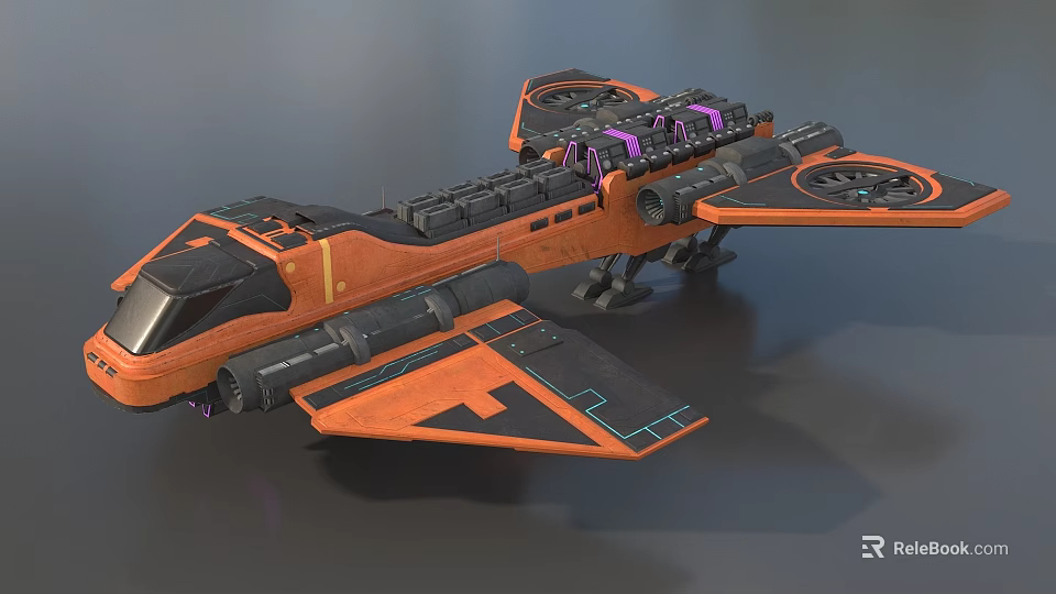 Orange And Black Cosmic Spaceship Design With Multiple Engines And Wing Structure 3d model 