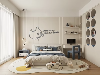 Modern Kids Room Interior With Cartoon Wall Art Bed Toy Car Desk Chair And Rug 3d model