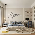 Modern Kids Room Interior With Cartoon Wall Art Bed Toy Car Desk Chair And Rug