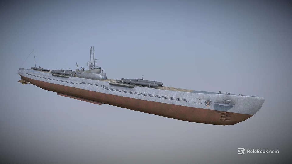 Military Submarine With Gray And Brown Hull Deck Equipment Periscope Cannons Floating On Water Surface 3d model 