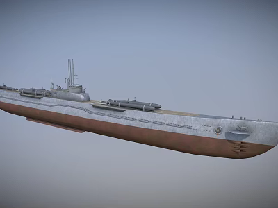 Military Submarine With Gray And Brown Hull Deck Equipment Periscope Cannons Floating On Water Surface 3d model