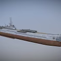 Military Submarine With Gray And Brown Hull Deck Equipment Periscope Cannons Floating On Water Surface