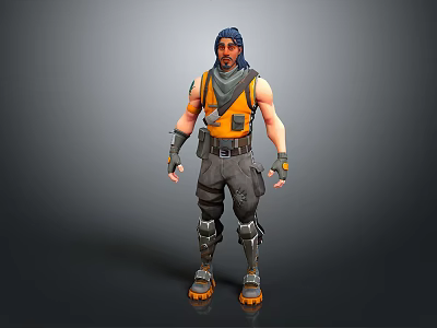 Game Character With Blue Hair Scarf Yellow Vest Wrist Guards Gray Pants And Boots 3d model