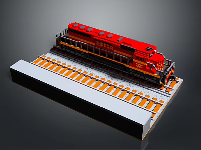 Red Model Train Locomotive On Orange Track With Detailed Platform Base 3d model