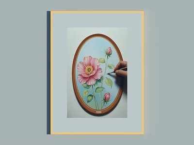 Hand Painted Decorative Art In Oval Frame With Pink Flower And Brush 3d model