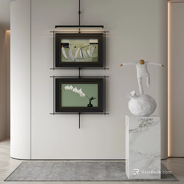 Interior Art Display With Two Framed Paintings On White Wall And Marble Pedestal Sculpture 3d model 