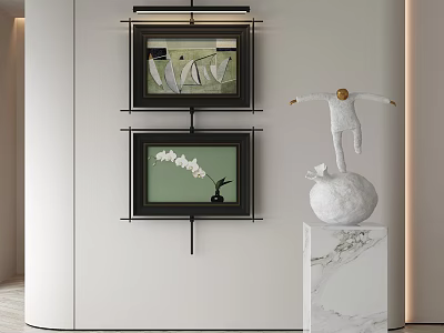 Interior Art Display With Two Framed Paintings On White Wall And Marble Pedestal Sculpture 3d model
