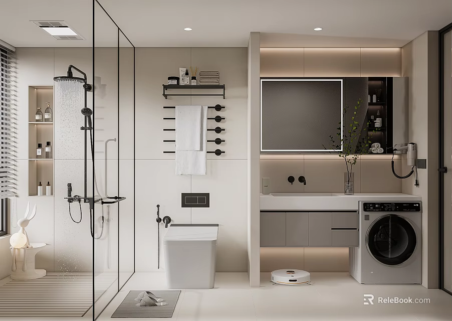 Modern Bathroom Interior With Glass Shower Enclosure Toilet Vanity Mirror And Washing Machine 3d model 