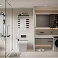 Modern Bathroom Interior With Glass Shower Enclosure Toilet Vanity Mirror And Washing Machine