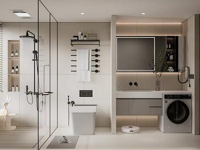 Modern Bathroom Interior With Glass Shower Enclosure Toilet Vanity Mirror And Washing Machine 3d model