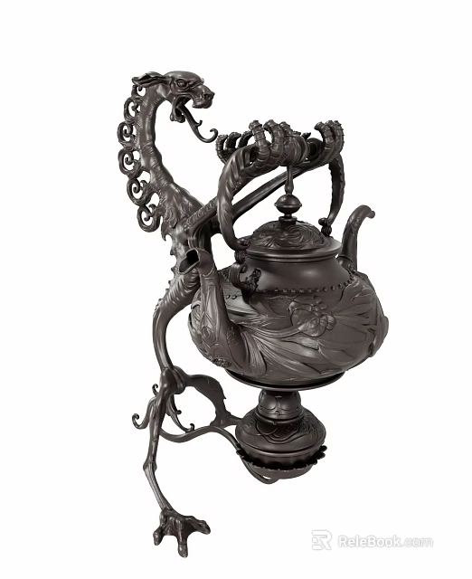 Elegant Vintage Intricately Carved Bronze Teapot With Decorative Stand Design 3d model 