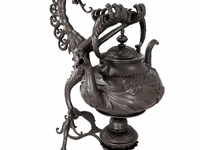 Elegant Vintage Intricately Carved Bronze Teapot With Decorative Stand Design 3d model