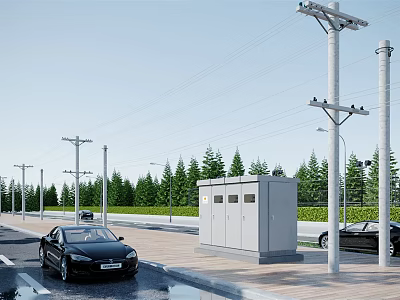 Roadside Infrastructure With Power Poles Control Cabinets Trees And Vehicles 3d model