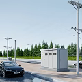 Roadside Infrastructure With Power Poles Control Cabinets Trees And Vehicles