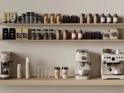 Coffee Shop Display Shelf Featuring Coffee Cans Beans Machines Cups And Glassware 3d model