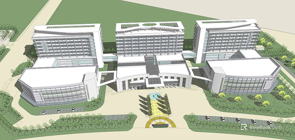 Modern Building Complex with Connected Structures Courtyard Greenery and Central Water Feature 3d model