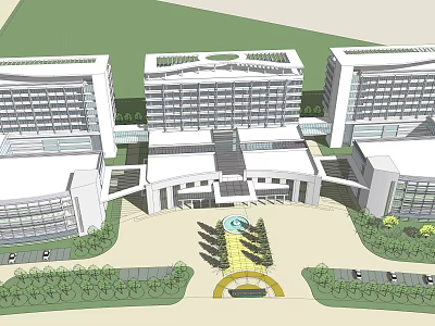 Modern Building Complex with Connected Structures Courtyard Greenery and Central Water Feature 3d model