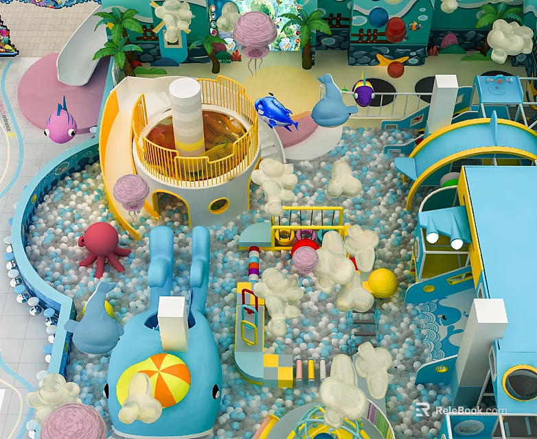Colorful Landscape Sculptures In Indoor Playground Featuring Ball Pit Slides Octopus Whale And Balloon Shapes 3d model 