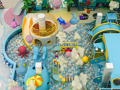Colorful Landscape Sculptures In Indoor Playground Featuring Ball Pit Slides Octopus Whale And Balloon Shapes 3d model