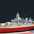 Realistic Battleship Warship Model With Turrets Red Gray Hull And Detailed Deck Features