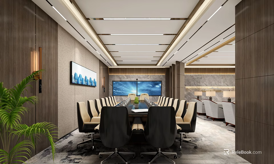 Modern Conference Room Interior Design With Long Table Dual Screens And Beige Chairs 3d model 