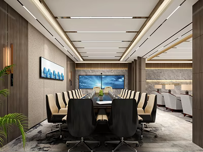 Modern Conference Room Interior Design With Long Table Dual Screens And Beige Chairs 3d model