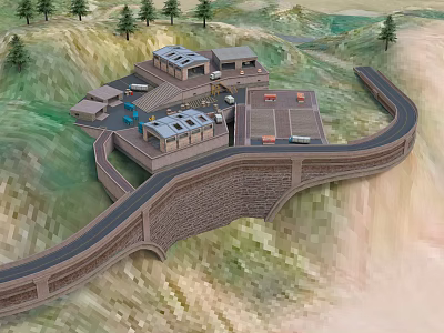 Mountain Building Complex With Winding Road Parking Area And Surrounding Trees 3d model