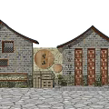 Traditional Chinese Scenic Wall with Stone Structure Wooden Fortune Character Trees and Stone Pavement
