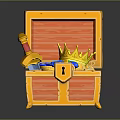 Open Golden Storage Chest Containing Gold Coins Blue Gems Red Handled Sword And Crown