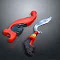 Red And Black Curved Sword With Yellow Decorative Handle And Protective Hilt