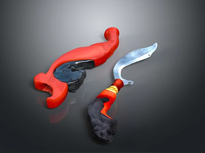 Red And Black Curved Sword With Yellow Decorative Handle And Protective Hilt 3d model
