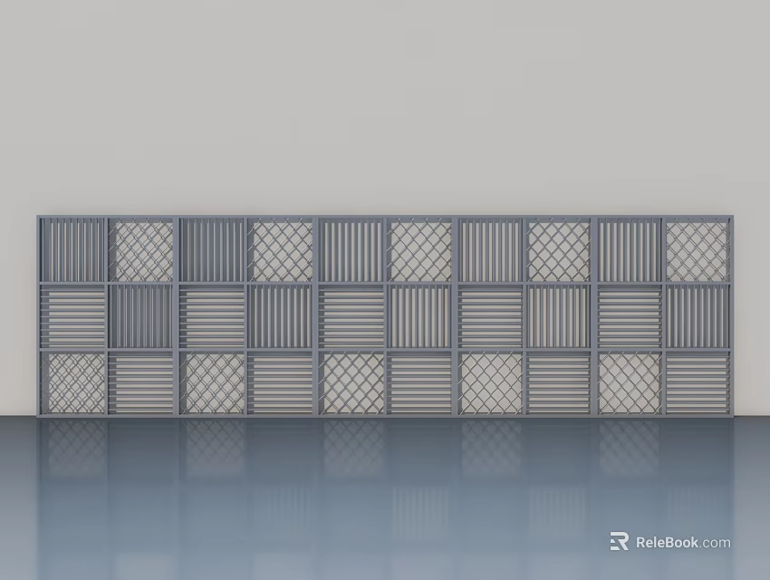 Modern Gray Swing Doors With Grid And Striped Patterns In Row 3d model