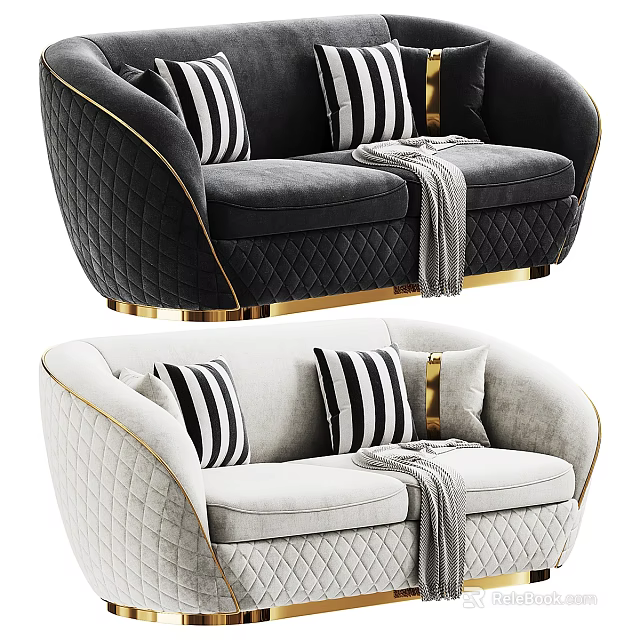 Two Seater Sofa With Gold Frame Quilted Design Striped Pillows And Throw Blanket 3d model 