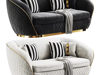 Two Seater Sofa With Gold Frame Quilted Design Striped Pillows And Throw Blanket 3d model
