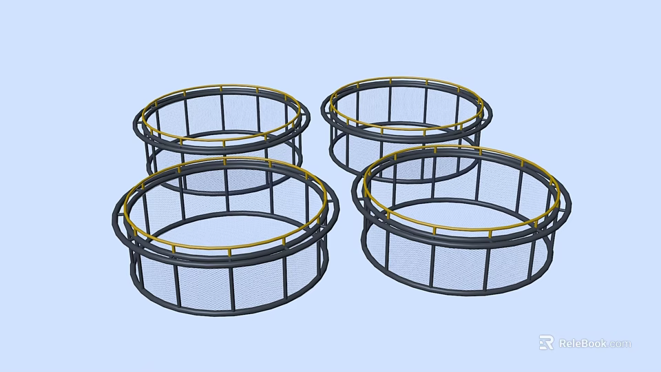 Four Round Mesh Agricultural Equipment Cages With Yellow Edge Frames 3d model