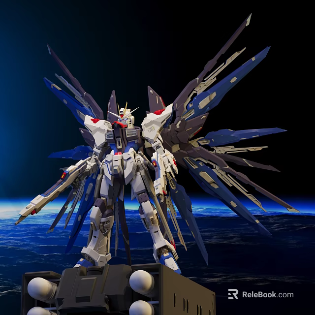 Detailed Gundam Model Figure With Large Mechanical Wings And Futuristic Weapons In Space 3d model 