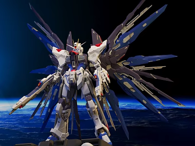 Detailed Gundam Model Figure With Large Mechanical Wings And Futuristic Weapons In Space 3d model