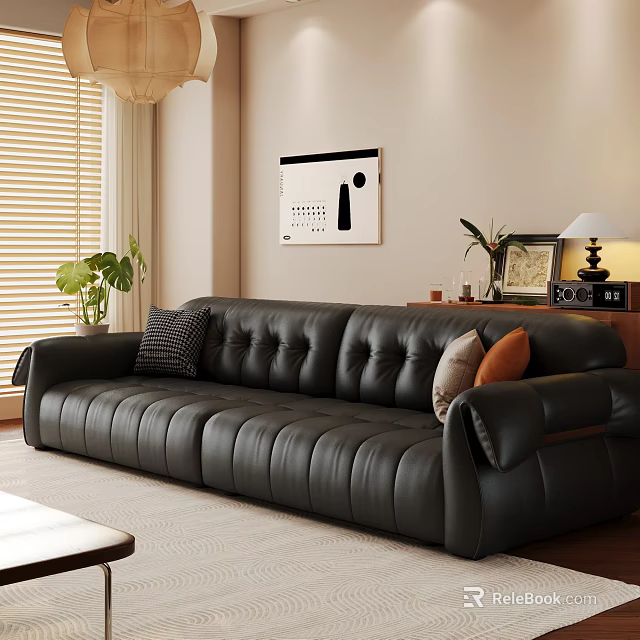 Modern Living Room Interior With Black Leather Sofa Window Blinds Decorative Painting And Green Plant 3d model 