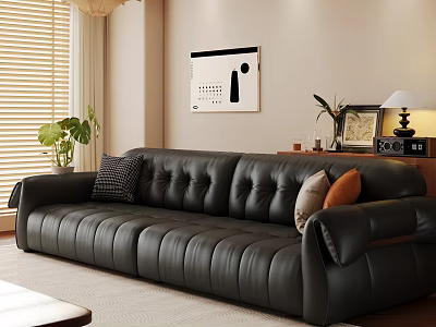 Modern Living Room Interior With Black Leather Sofa Window Blinds Decorative Painting And Green Plant 3d model