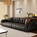 Modern Living Room Interior With Black Leather Sofa Window Blinds Decorative Painting And Green Plant