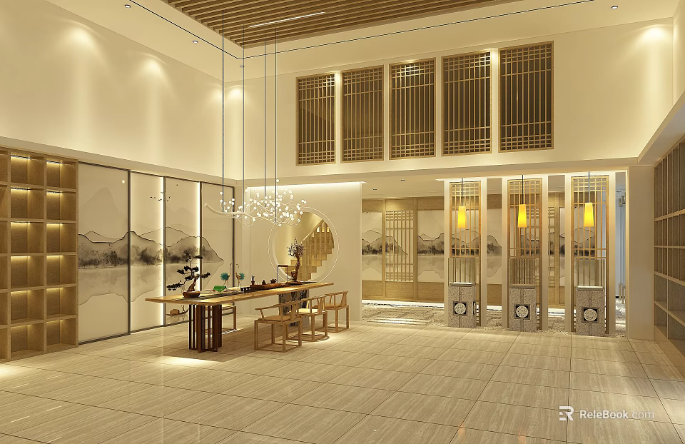 Traditional Tea House Interior Design With Wooden Ceiling Lattice Screens And Hanging Lanterns 3d model 