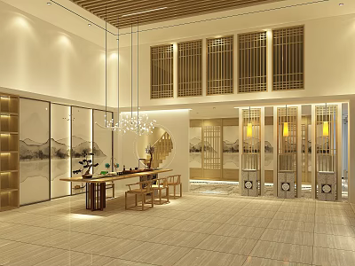Traditional Tea House Interior Design With Wooden Ceiling Lattice Screens And Hanging Lanterns 3d model