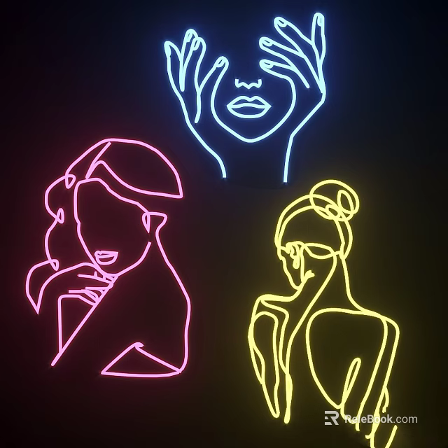 Vibrant Neon Line Art Featuring Female Silhouettes in Pink Yellow Blue on Black Background 3d model 