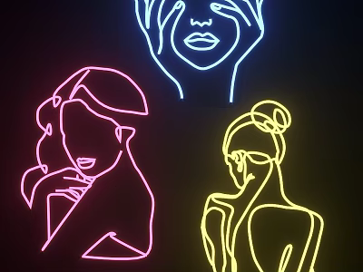 Vibrant Neon Line Art Featuring Female Silhouettes in Pink Yellow Blue on Black Background 3d model