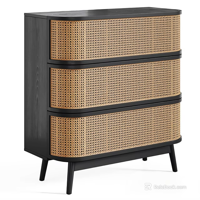 Modern Rattan Panel Sideboard With Black Frame And Functional Drawer Storage Design 3d model