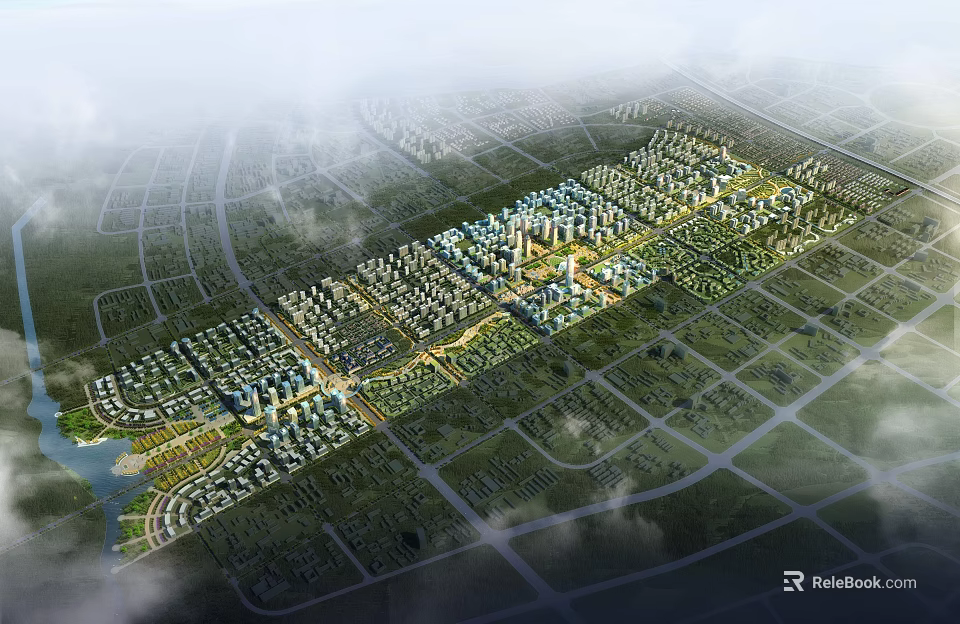 Aerial View Planning of Large Residential Community With Green Spaces And Road Networks 3d model 