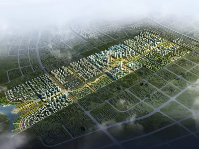 Aerial View Planning of Large Residential Community With Green Spaces And Road Networks 3d model